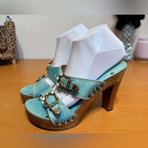 Diego di Lucca Teal Platform Mules with Strappy Design - Picture 3 of 9